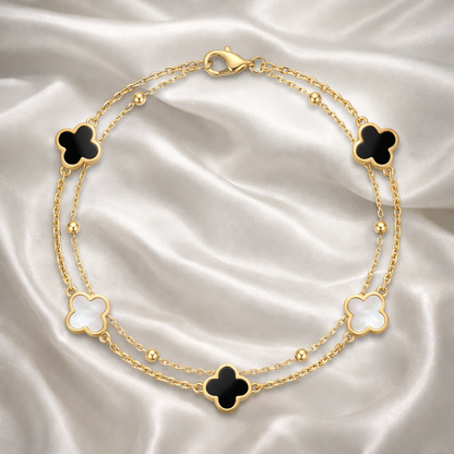 Fortuna Five Clover Double Bracelet Obsidian Black & Mother of Pearl
