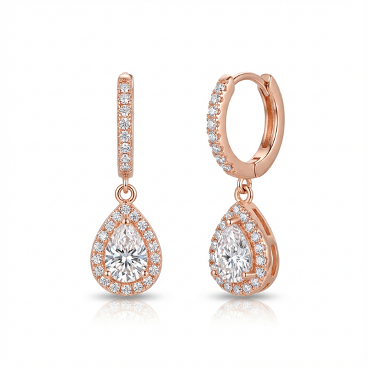 Lumière Rose Gold Pavé Hoop Earrings with Pear Halo Drop