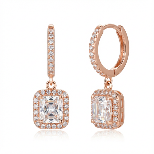 Lumière Rose Gold Pavé Hoop Earrings with Princess-Cut Halo Drop
