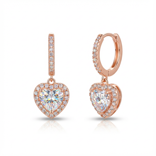 Lumière Rose Gold Pavé Hoop Earrings with Heart Halo Drop