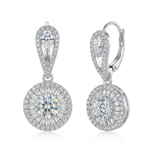 Lumière Pavé Halo Drop Earrings with Baguette-Cut Crystals