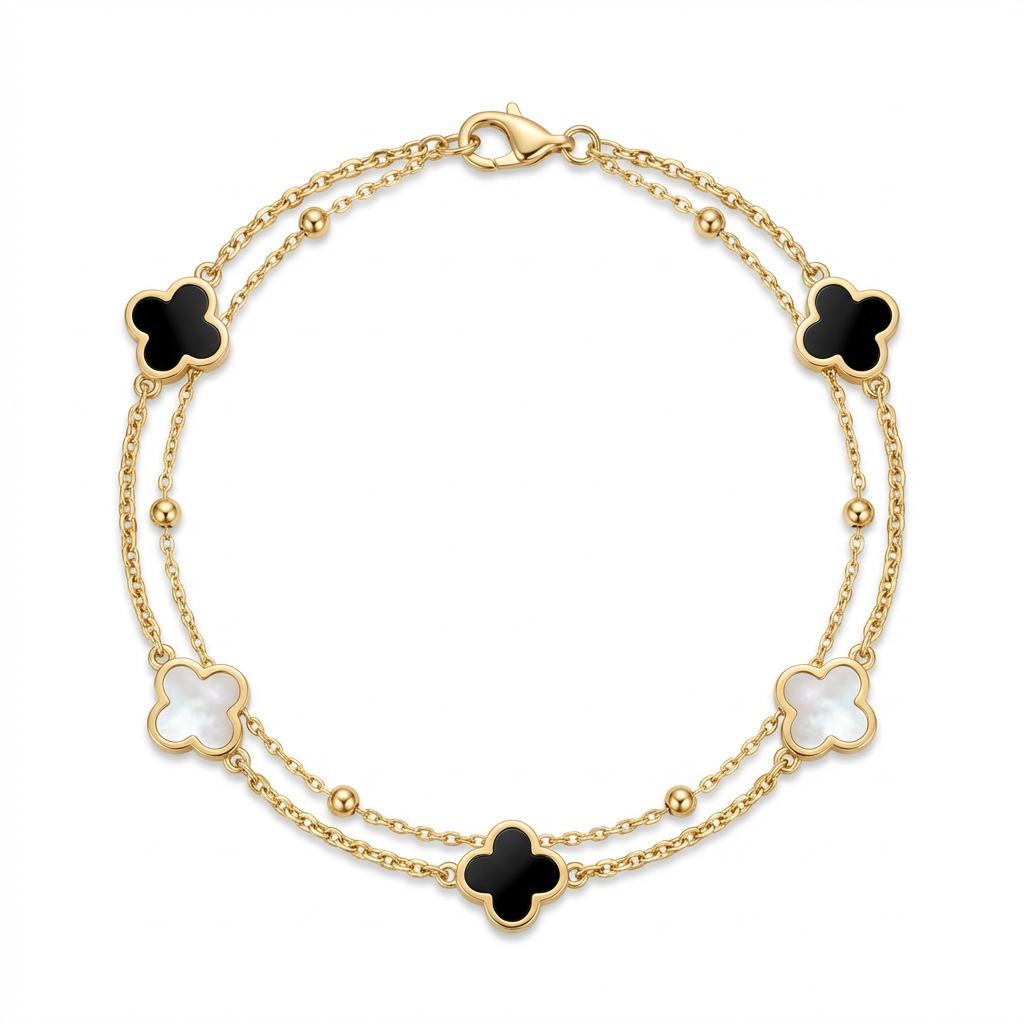 Fortuna Five Clover Double Bracelet Obsidian Black & Mother of Pearl