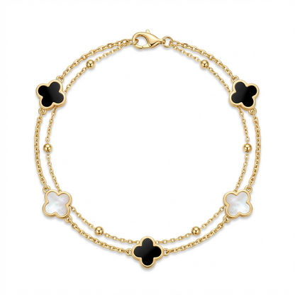 Fortuna Five Clover Double Bracelet Obsidian Black & Mother of Pearl