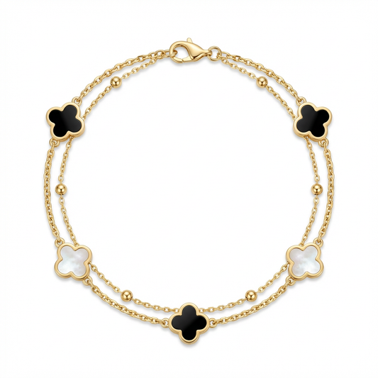 Fortuna Five Clover Double Bracelet Obsidian Black & Mother of Pearl