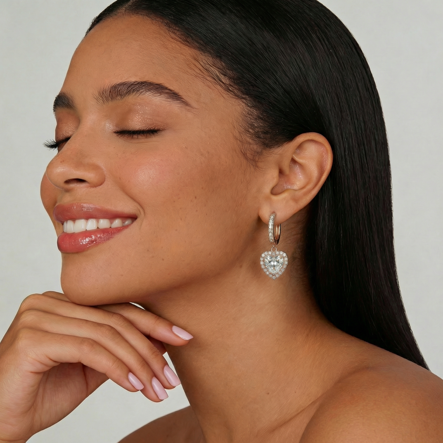 Lumière Rose Gold Pavé Hoop Earrings with Heart Halo Drop