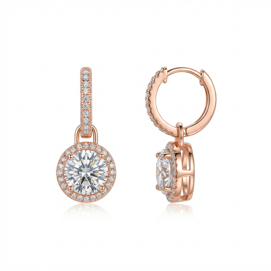 Lumière Pavé Halo Drop Earrings – Rose Gold